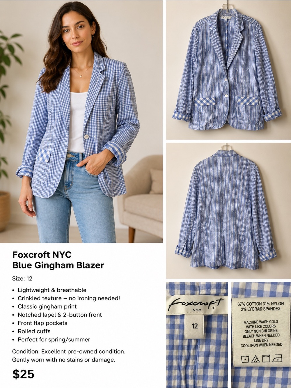 Foxcroft Blue Gingham Blazer with Notched Lapel